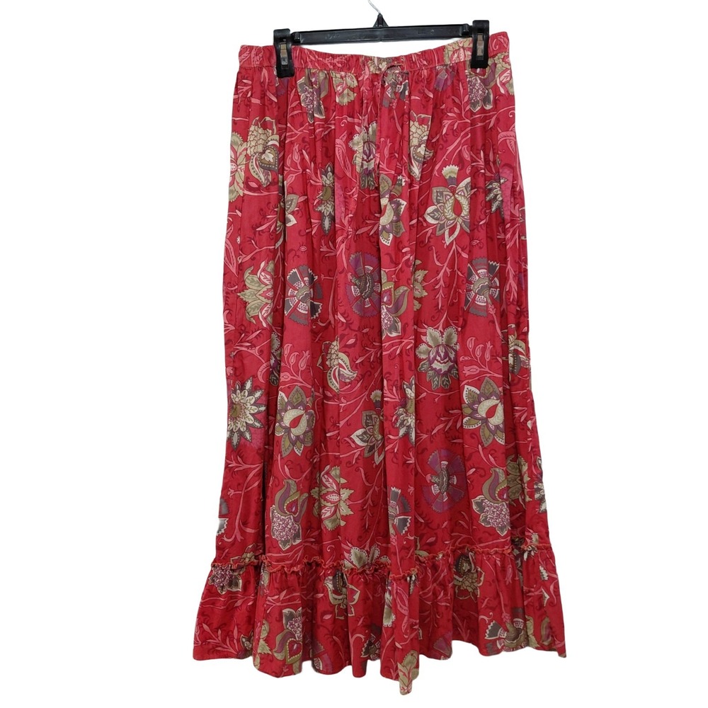 Main Street Blues Floral Full Ruffle Midi/Maxi Skirt Women's Med Red Cottagecore